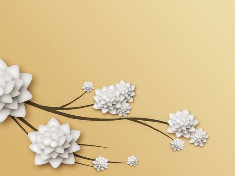 Spring illustration of blooming branch with white flowers with cut out paper effect on beige background with gradient and free space at the top of the image.