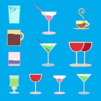 Vector set of goblets, cups, glass with drink on bar regiment
