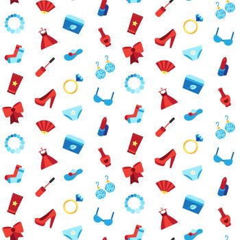 Woman accessories of cosmetics shoes clothes and jewelry. Vector