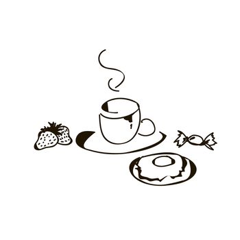 Breakfast from tasty tea, strawbwerry, candy and donut. Vector