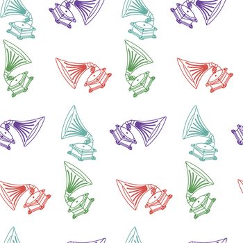Vector seamless hand-drawn pattern with old gramophone in eps