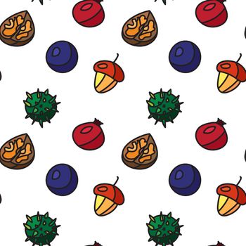 Vintage fruits leaves seamless pattern from hazelnut and chestnut, briar and nuts. Vector
