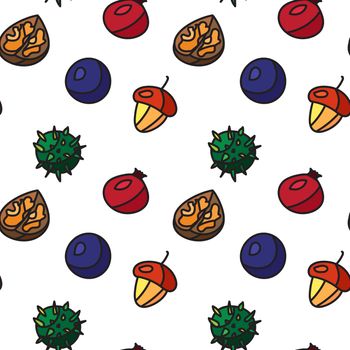 Vintage fruits leaves seamless pattern from hazelnut and chestnut, briar and nuts. Vector