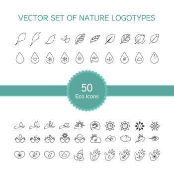 Vector set of 50 ecology icons, nature logo, biology symbols from leaves, hand, sun, snow, drop