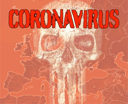 Red map of Europe with coronavirus inscription and skull. Deadly disease in Europe.