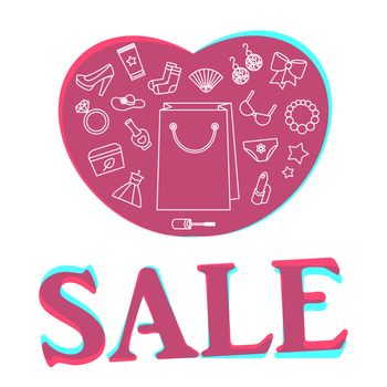Woman things, accessories, cosmetics, clothes, shoes and jewelry. Big sale poster in form of heart. Shopping concept. Vector