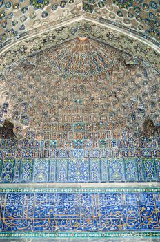 Ceiling arch with traditional ancient Asian mosaic. the details of the architecture of medieval Central Asia