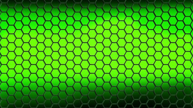 Illustration. Abstract background consisting of black hexagons on a green background with a lighter center.