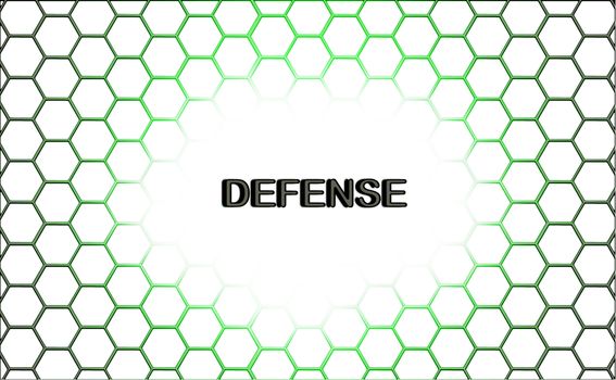 Defense concept. Metallic net with rgreen accents and inscription: defense in the middle on white background.