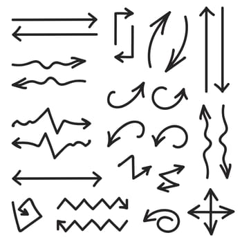 Black set of 26 hand drawn arrows. Vector