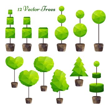 Vector set of 12 green polygonal trees, low poly, nature symbol