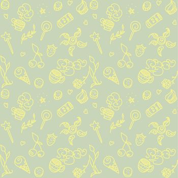 Vector seamless pattern with things from life: food, drink, magic wand, cups, plant