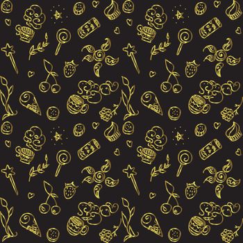 Vector gold seamless pattern with things from life: food, drink, magic wand, cups, plant