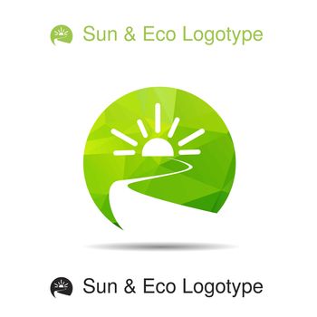 Ecology logotype, icon and nature symbol: sun, river, water in circle