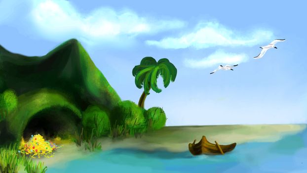 Green island with treasure over ocean water
