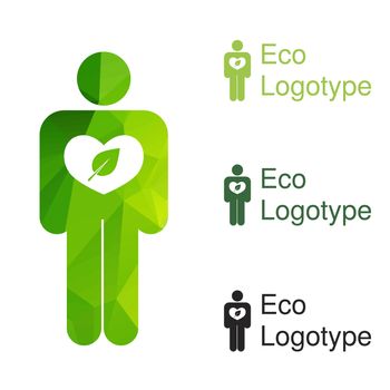 Vector green ecology logo or icon in eps, nature logotype of human with ecology heart