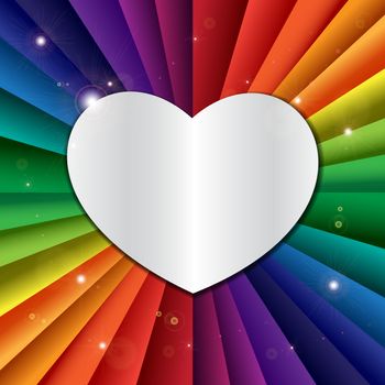 Bright vector rainbow celebration holiday banner with heart icon, vector background and love symbol