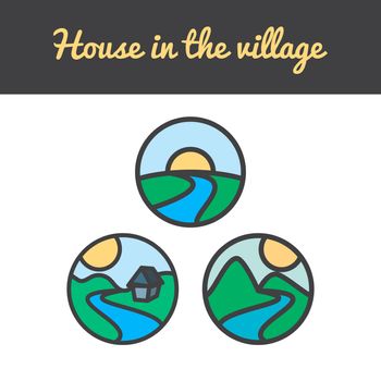 Vector set of nature icons from sun, hills, river, mountains, tree and home