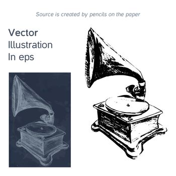 Vector bright hand-drawn old gramophone in eps