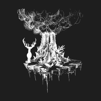 Vector deer on island from rocks and volcano with monster's hand, Abstract fantastic with effect of chalk