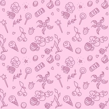 Vector pink seamless pattern with things from life: food, drink, magic wand, cups, plant