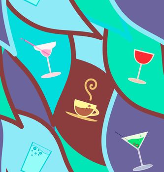 Vector seamless pattern with cocktails, restaurant background