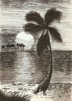 Vector tropical summer illustration with palm tree and islands
