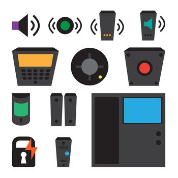 Vector simple set of detectors icons for window, fire, sound, intercom, fire alarm, reader, electronic lock. Access Control System