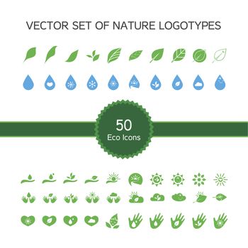 Vector set of 50 ecology icons, nature logo, biology symbols from leaves, hand, sun, snow, drop