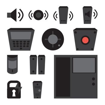 Vector simple set of detectors icons for window, fire, sound, intercom, fire alarm, reader, electronic lock. Access Control System