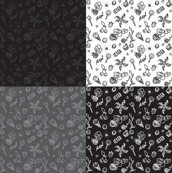 Vector black, white, grey seamless patterns with things from life