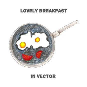 Vector breakfast by color pencils, eggs with tomatos