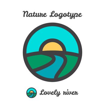 Vector icon, logo of sunset in village, sun and river among hills