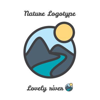 Vector icon, logo of sunset in village, sun and river among mountains