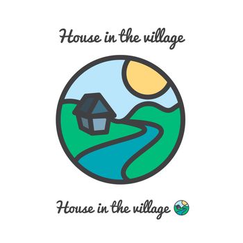 Vector icon, logo of sunset in village, sun, house and river among hills