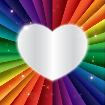 Bright vector rainbow celebration holiday banner with heart icon, vector background and love symbol