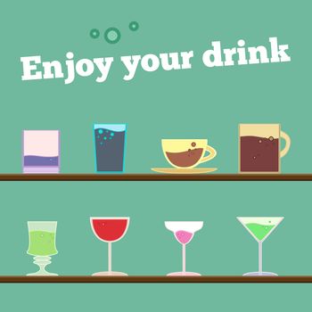 Vector set of goblets, cups, glass with drink on bar regiment