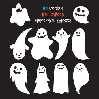 Set of halloween emotional ghosts isolated on black background