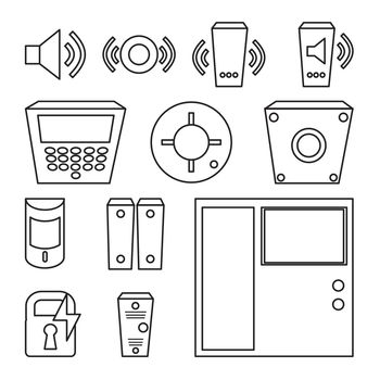 Vector simple set of detectors icons for window, fire, sound, intercom, fire alarm, reader, electronic lock. Access Control System