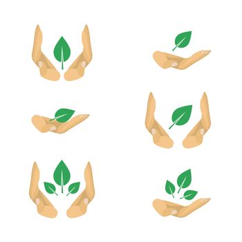 6 vector variants of ecology protection symbols for poster: leaf in hand