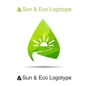 Ecology logotype, icon and nature symbol: sun, river, water in drop
