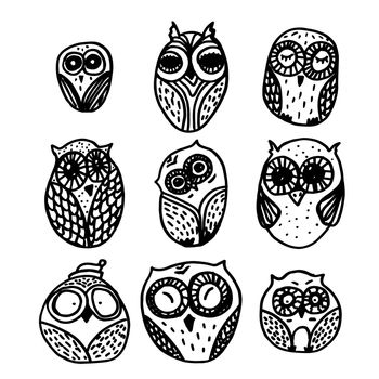 Hand Drawn Funny Owl. Owls set for print, fabric, wrap and illustration. Vector