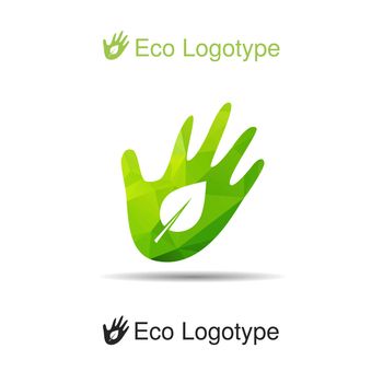 Vector ecology logo or icon in eps, nature logotype, leave in our hands