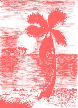 Vector tropical summer illustration with palm tree and islands
