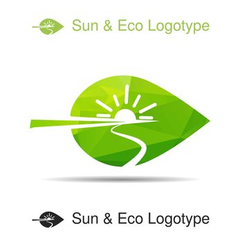 Ecology logotype, icon and nature symbol: sun, river, water and leaf