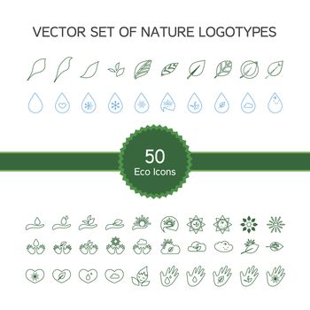 Vector set of 50 ecology icons, nature logo, biology symbols from leaves, hand, sun, snow, drop