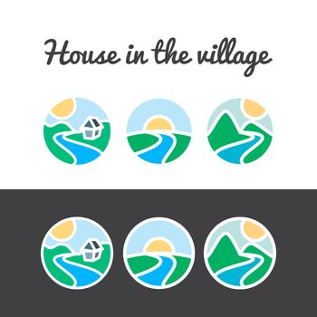 Vector set of nature icons from sun, hills, river, mountains, tree and home