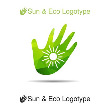 Bio logo, icon and ecology symbol: the sun in our hands, Sun protection
