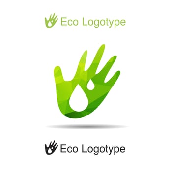 Vector ecology logotype from hand with drops