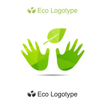 Vector ecology logo or icon in eps, nature logotype, leaf in our hands